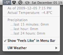 A screenshot of UW Weather's menu.