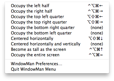 A screenshot of WindowMan's menu, accessible from the menu bar.