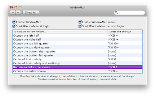 A screenshot of the WindowMan preference pane.